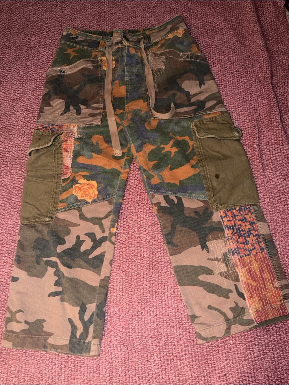 Free People Camo Patchwork Cargo Cropped Pants - Olive/Green/Orange